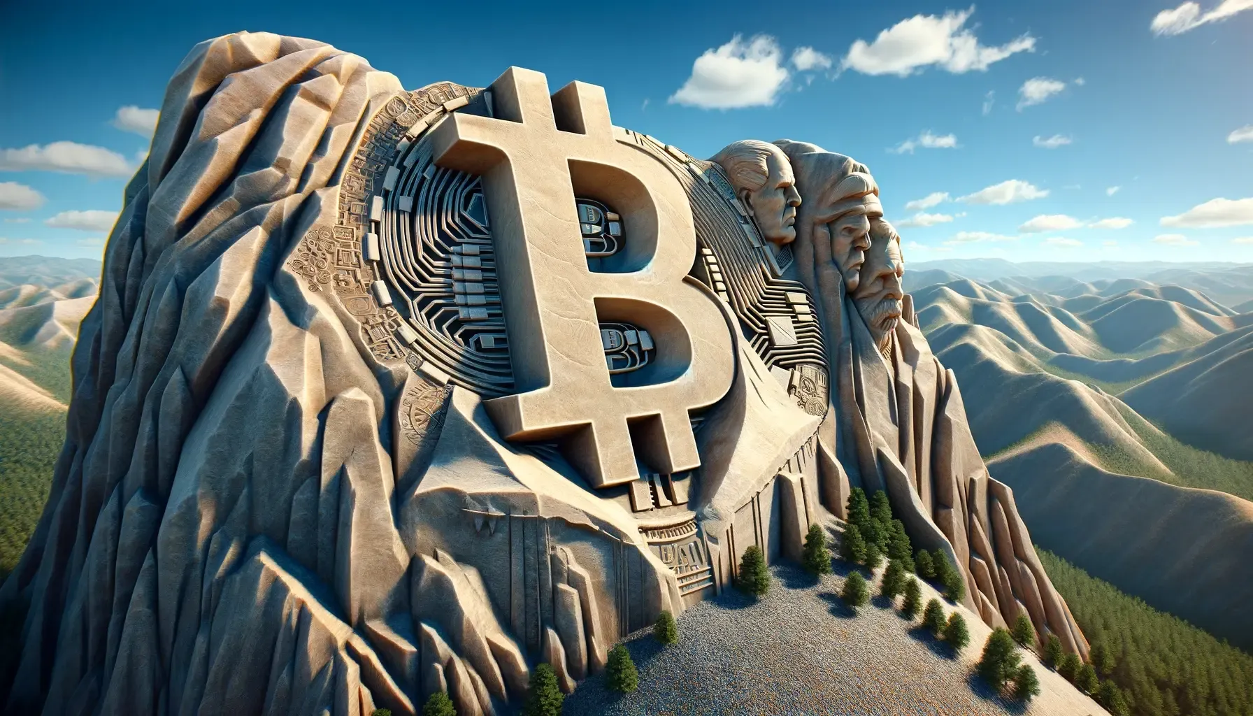 AI-genererad bild av en bergsskulptur formad som Bitcoin-symbolen, i stil med Mount Rushmore
