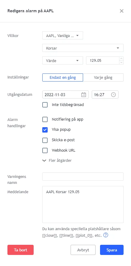 Skärmbild av hur man ställer in en kurslarm för aktien AAPL i TradingView