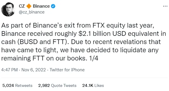 Twitter-inlägg från Binance-chefen CZ om att Binance säljer sitt FTT-innehav