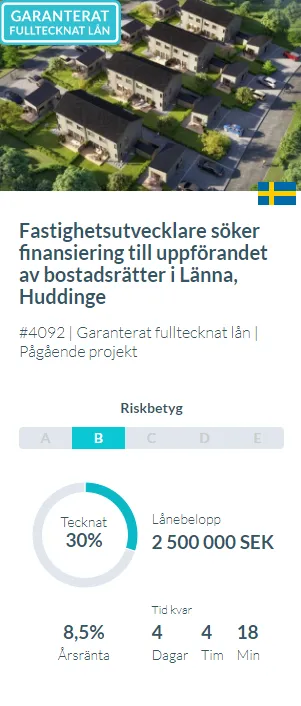 Skärmbild av ett fastighetsprojekt på Kameo med ränta, belopp och risknivå
