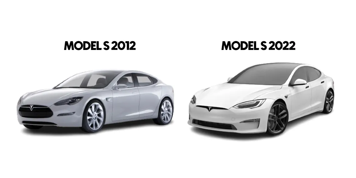 Tesla Model S från 2012 och 2022 bredvid varandra